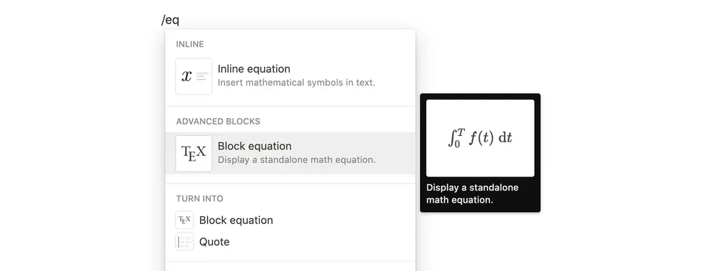 Select the Block equation option from the command list