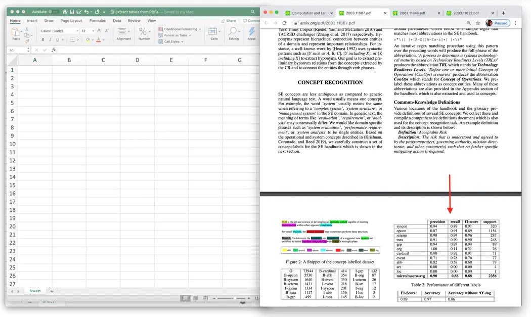 Display the table you want to digitize on your screen