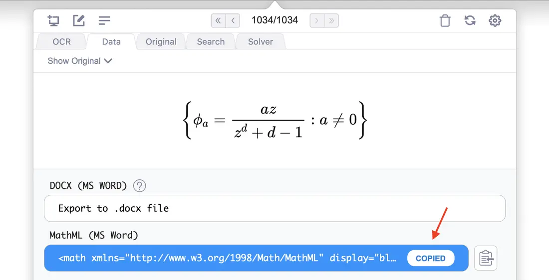 数据选项卡上的 MathML MS Word 格式