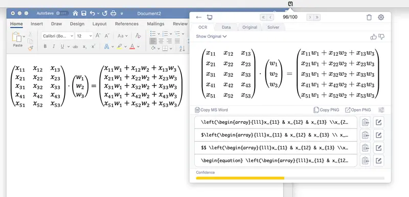 在 MS Word 中正常工作的高大矩阵示例