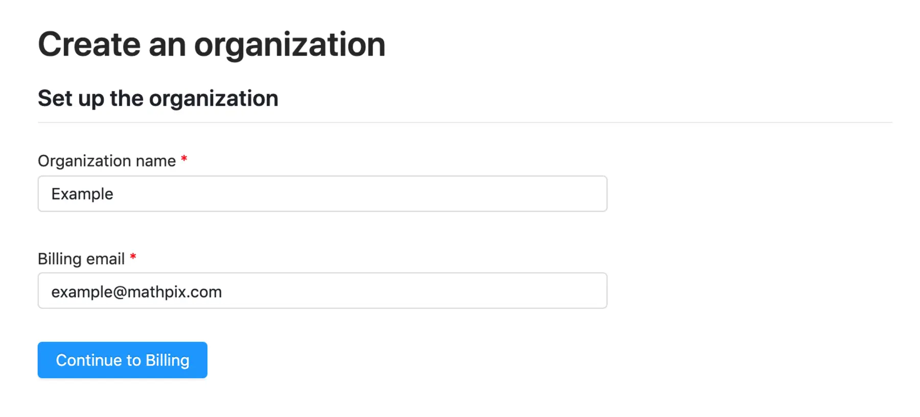 Enter your Organization name and billing email