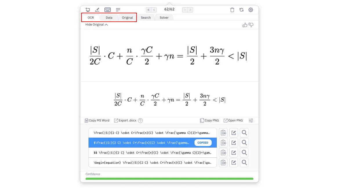 OCR、Data 和 Original 选项卡