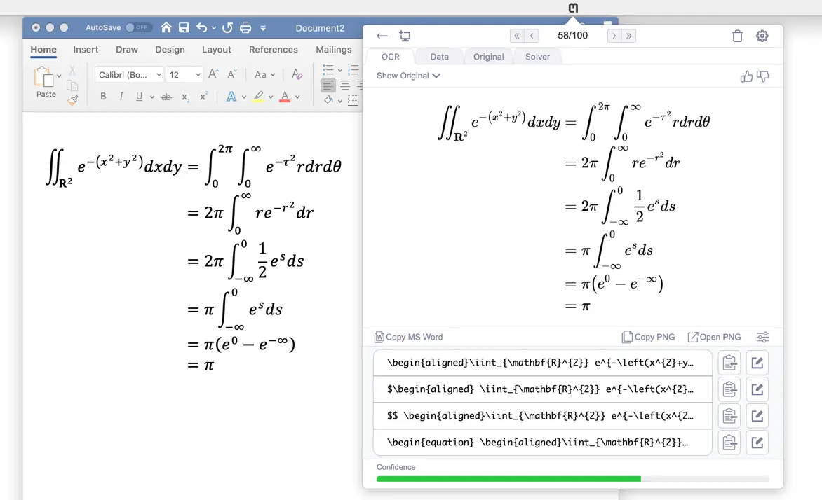 在 MS Word 中正常工作的对齐方程示例